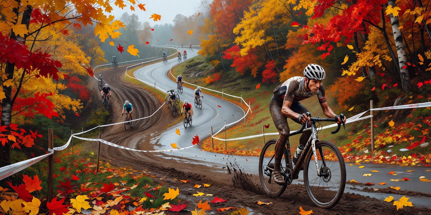 Illustration of a hillside road race on an autumn climb beside a muddy cyclo-cross course with tape and a run-up
