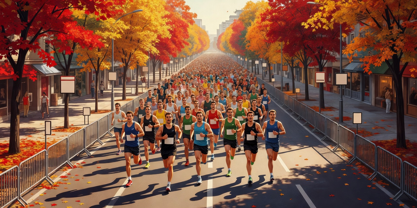 Illustration of a broad city street closed for a marathon, with barriers, kilometre markers and a field of runners in autumn light