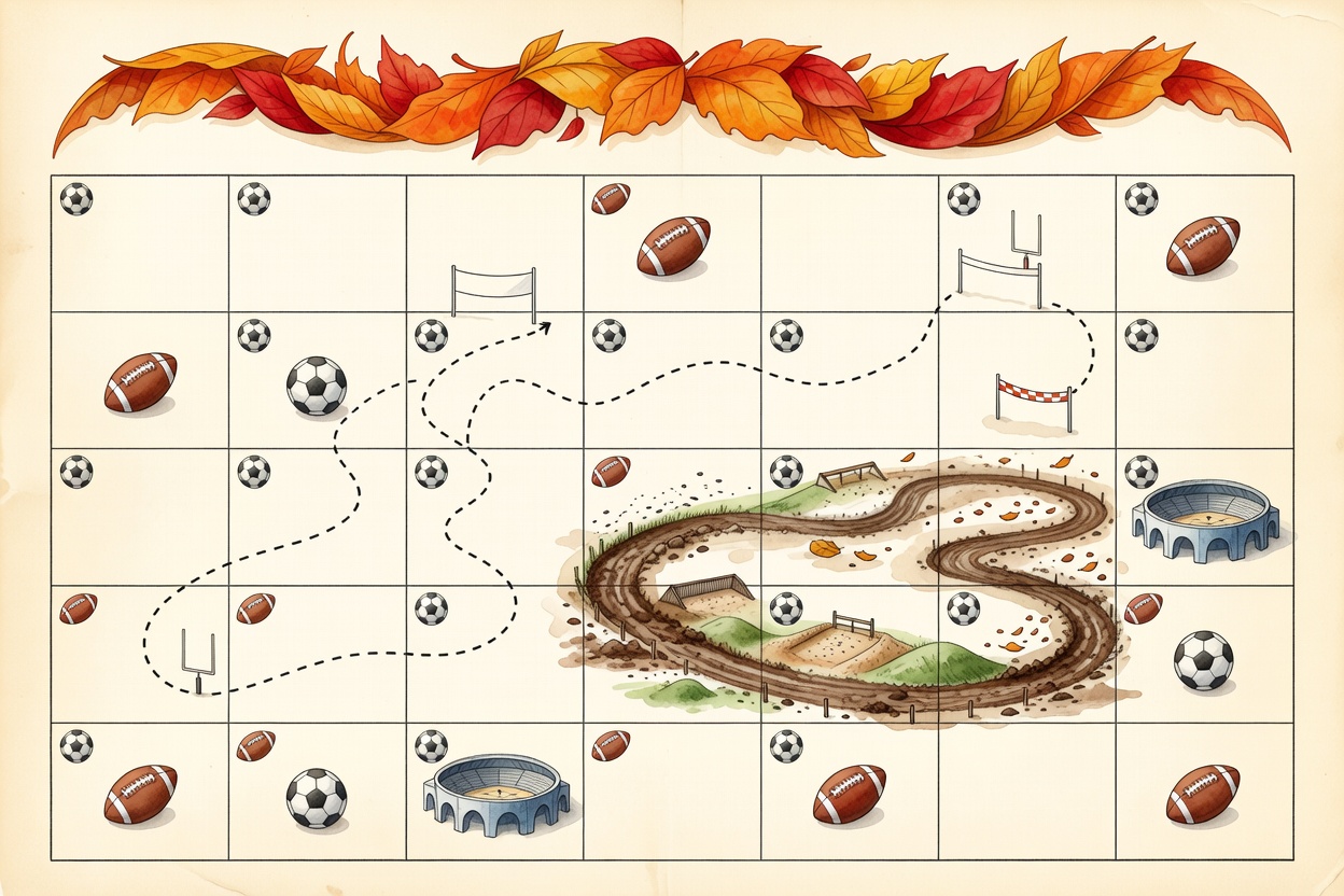 Illustrated October calendar grid with markers for football fixtures, a marathon route, a cyclo-cross course and an indoor arena