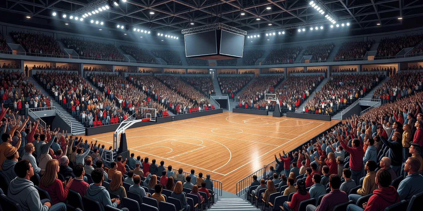 Illustration of a multi-purpose indoor arena with a marked court, banked seating and overhead lighting rigs